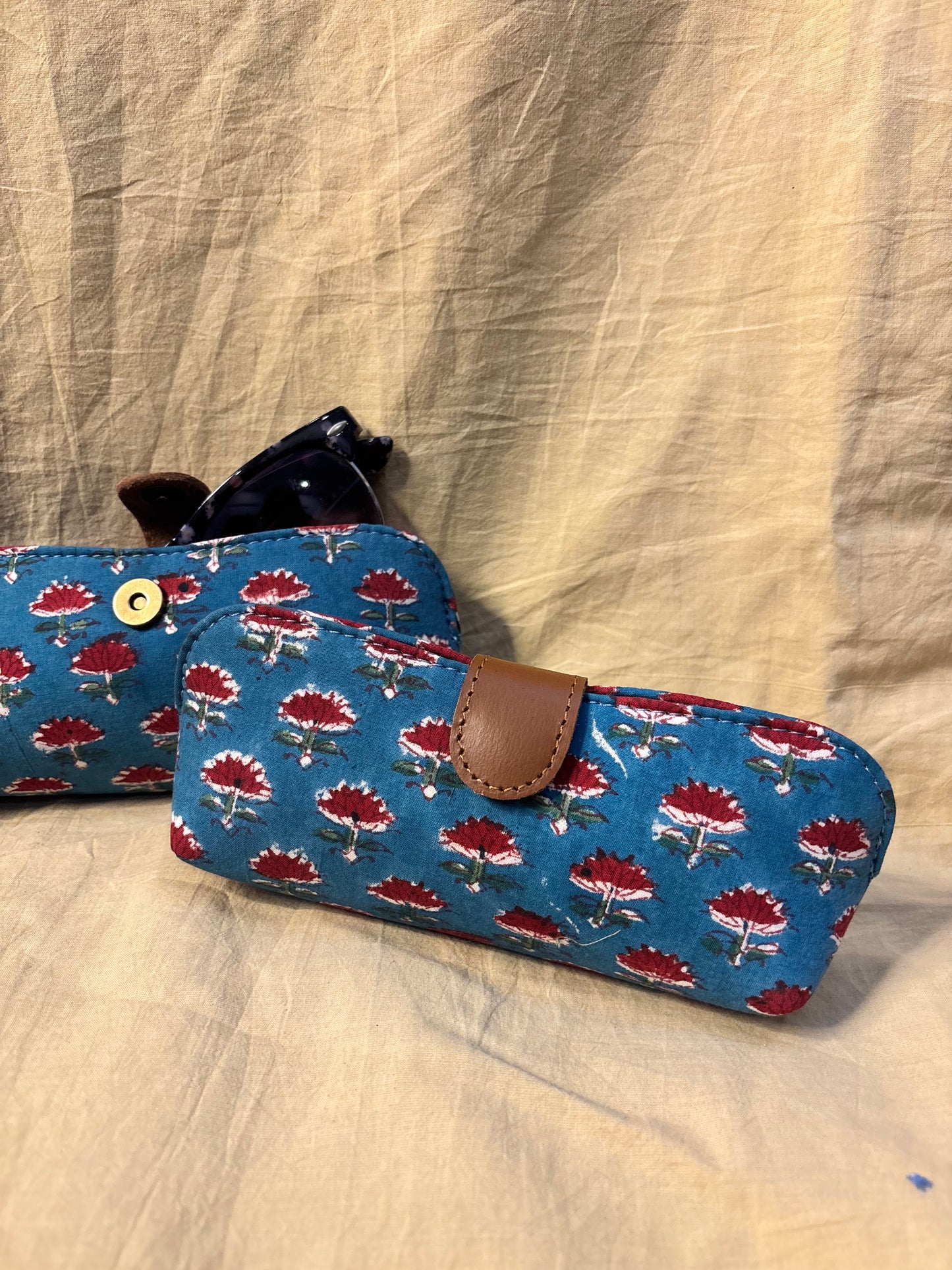 Blue Red Hand Block Print Eyewear Case