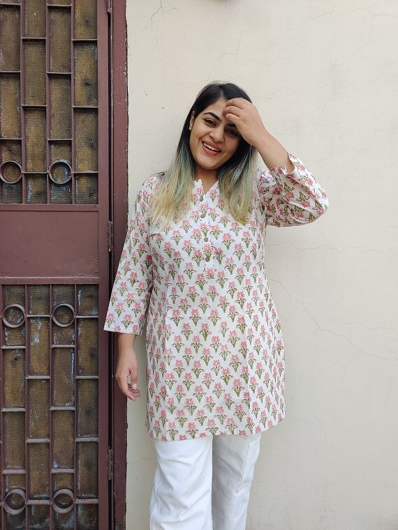 White Pink Hand Block Printed Short Kurti