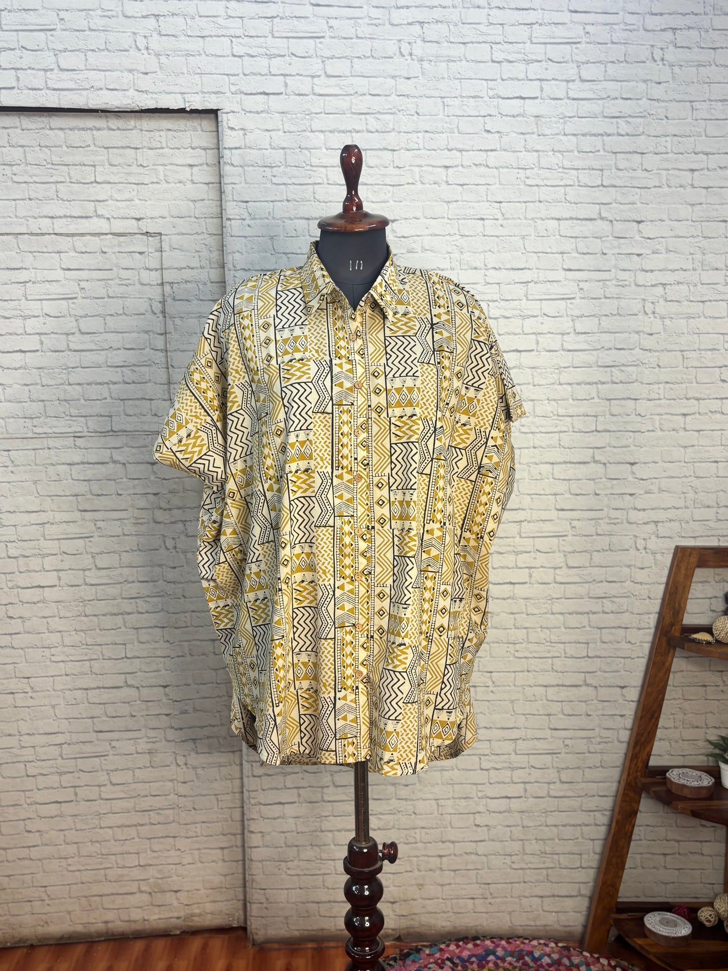 Off White Yellow Bagru Cotton High Low Shirt Kaftan
