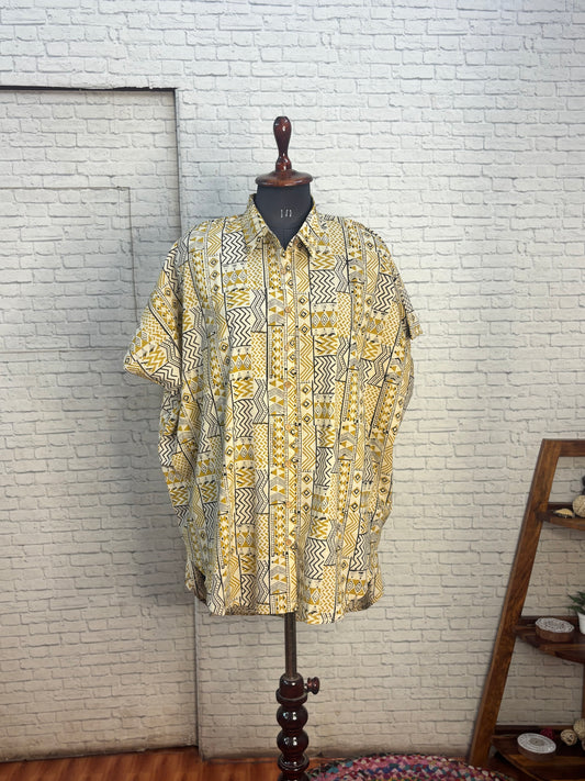 Off White Yellow Bagru Cotton High Low Shirt Kaftan
