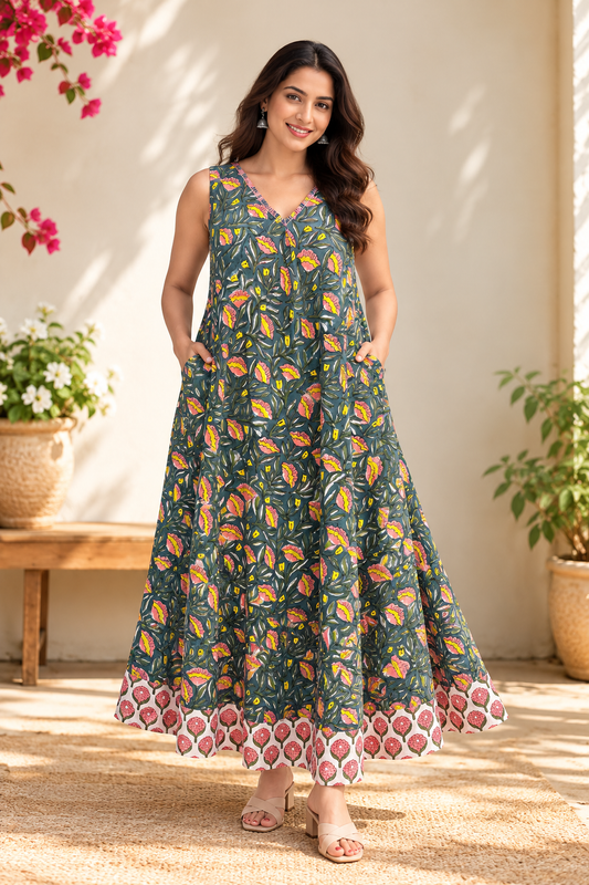 Gulbahaar Sleeveless Hand Block Printed Flared Maxi Dress