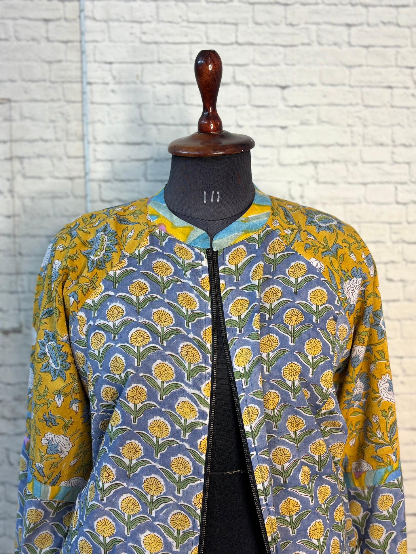 Grey Yellow Hand Block Printed Unisex Bomber Jacket
