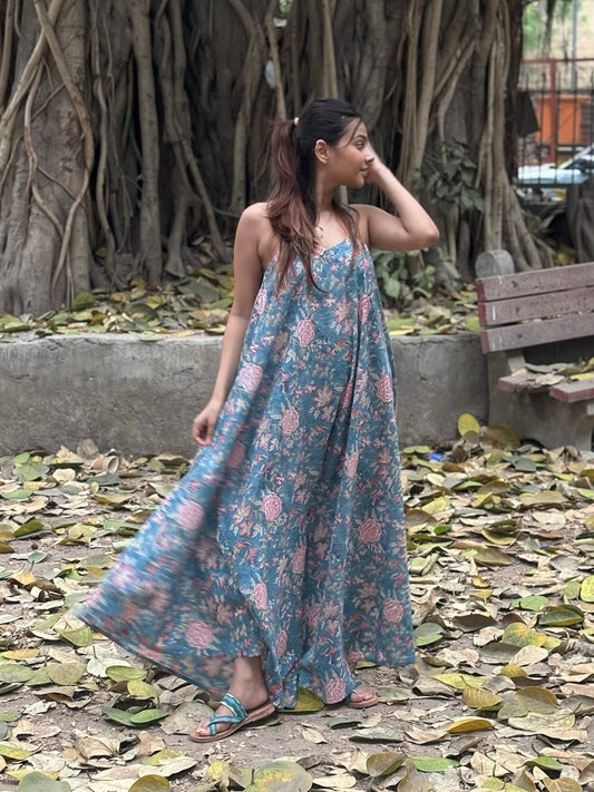 Blue Pink Hand Block Printed Floral Flared Jumpsuit