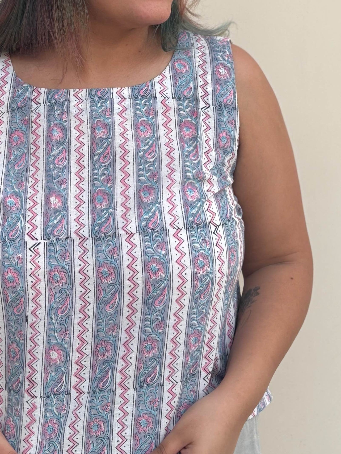 Grey Pink Hand Block Printed Sleeveless Crop Top