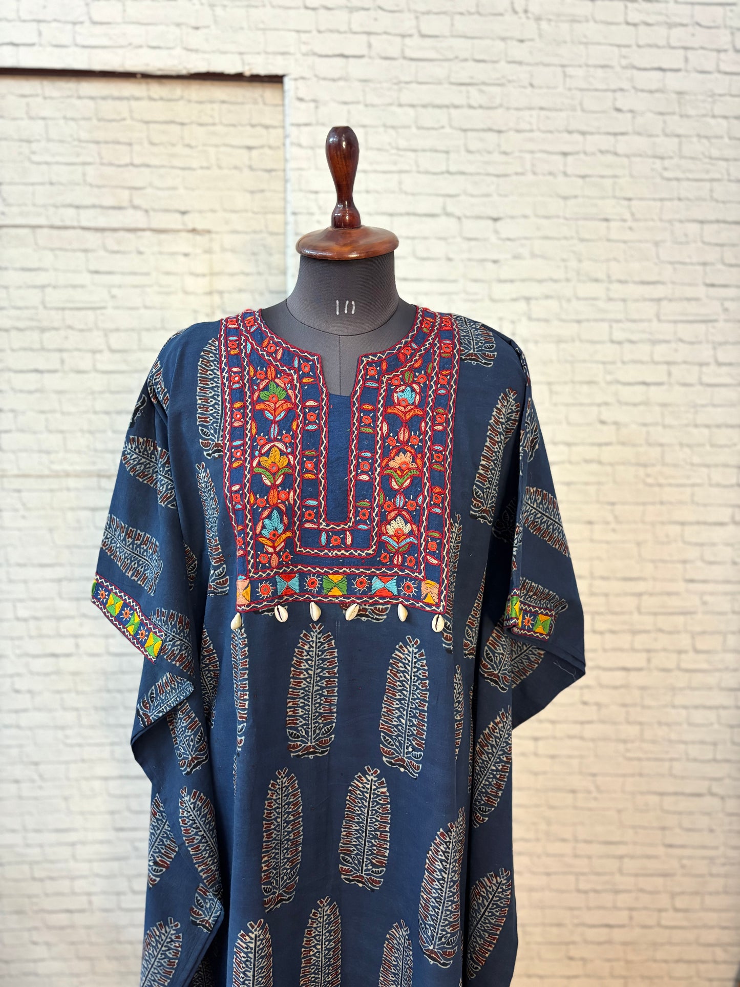 Indigo Ajrakh Hand Embroidered Patch Kaftan