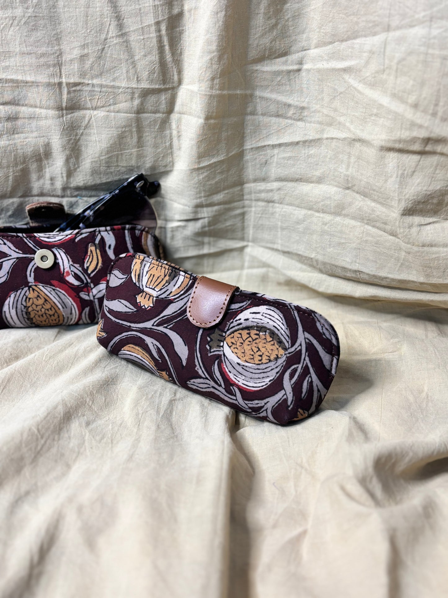 Brown Grey Floral Hand Block Print Eyewear Case
