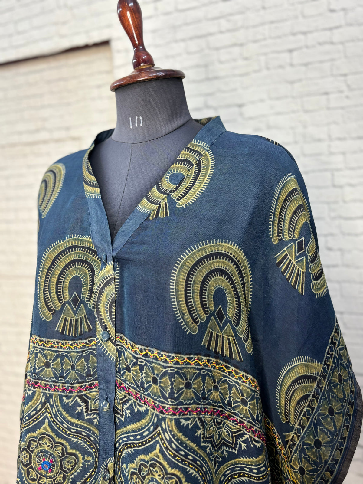 Indigo Green Ajrakh Chanderi Shirt Kaftan with Hand Embroidery