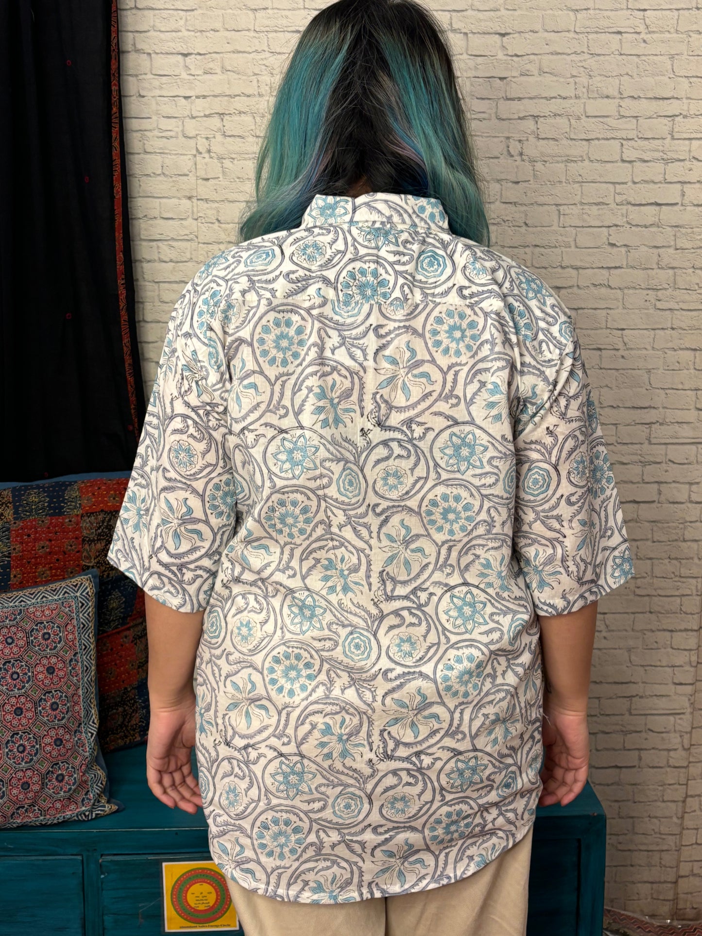 Blue Grey Floral Hand Block Printed Half Sleeves Unisex Shirt