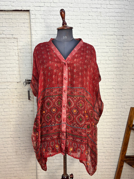 Red Ajrakh Chanderi Shirt Kaftan with Hand Embroidery