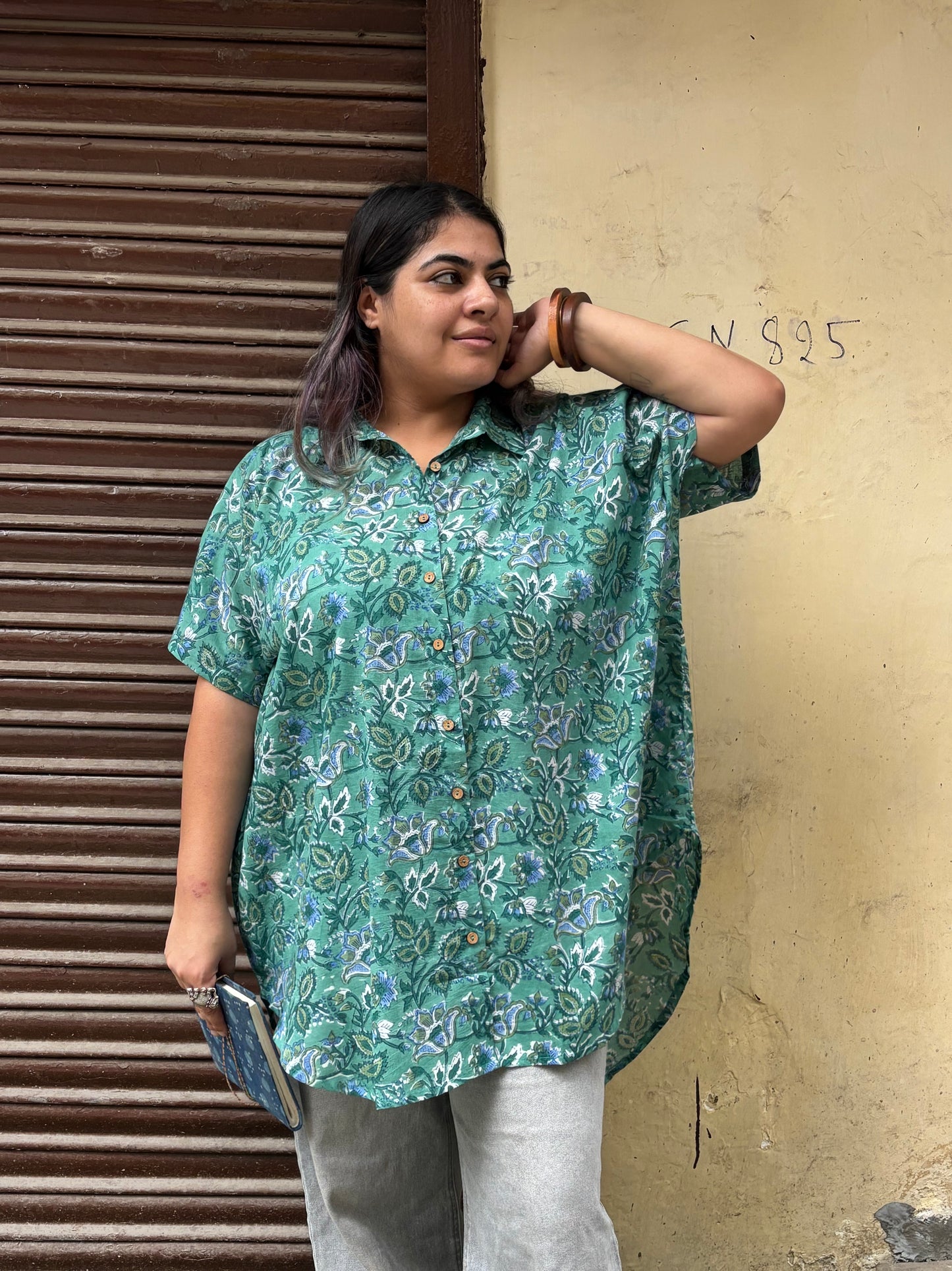 Green Floral  Hand Block Printed Cotton High Low Shirt Kaftan