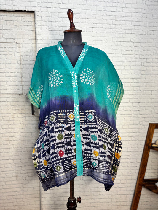 Green Blue Batik Chanderi Shirt Kaftan with Sequin Detailing
