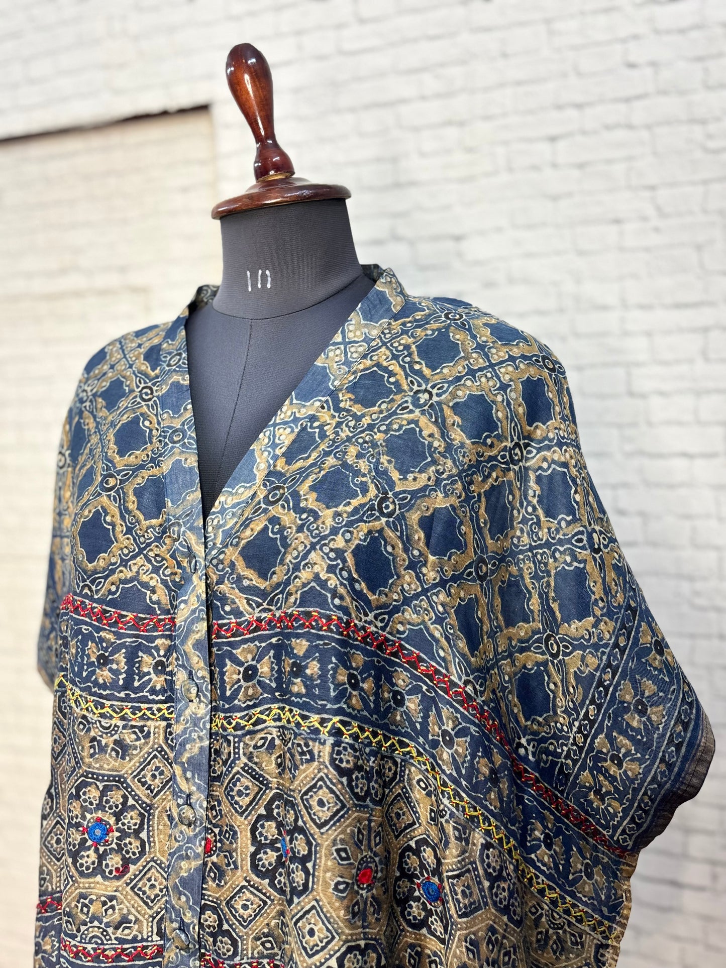 Indigo Green Ajrakh Chanderi Shirt Kaftan with Hand Embroidery