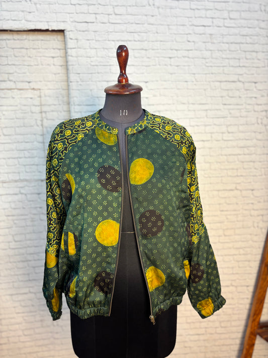 Green Modal Silk Ajrakh Unisex Bomber Jacket