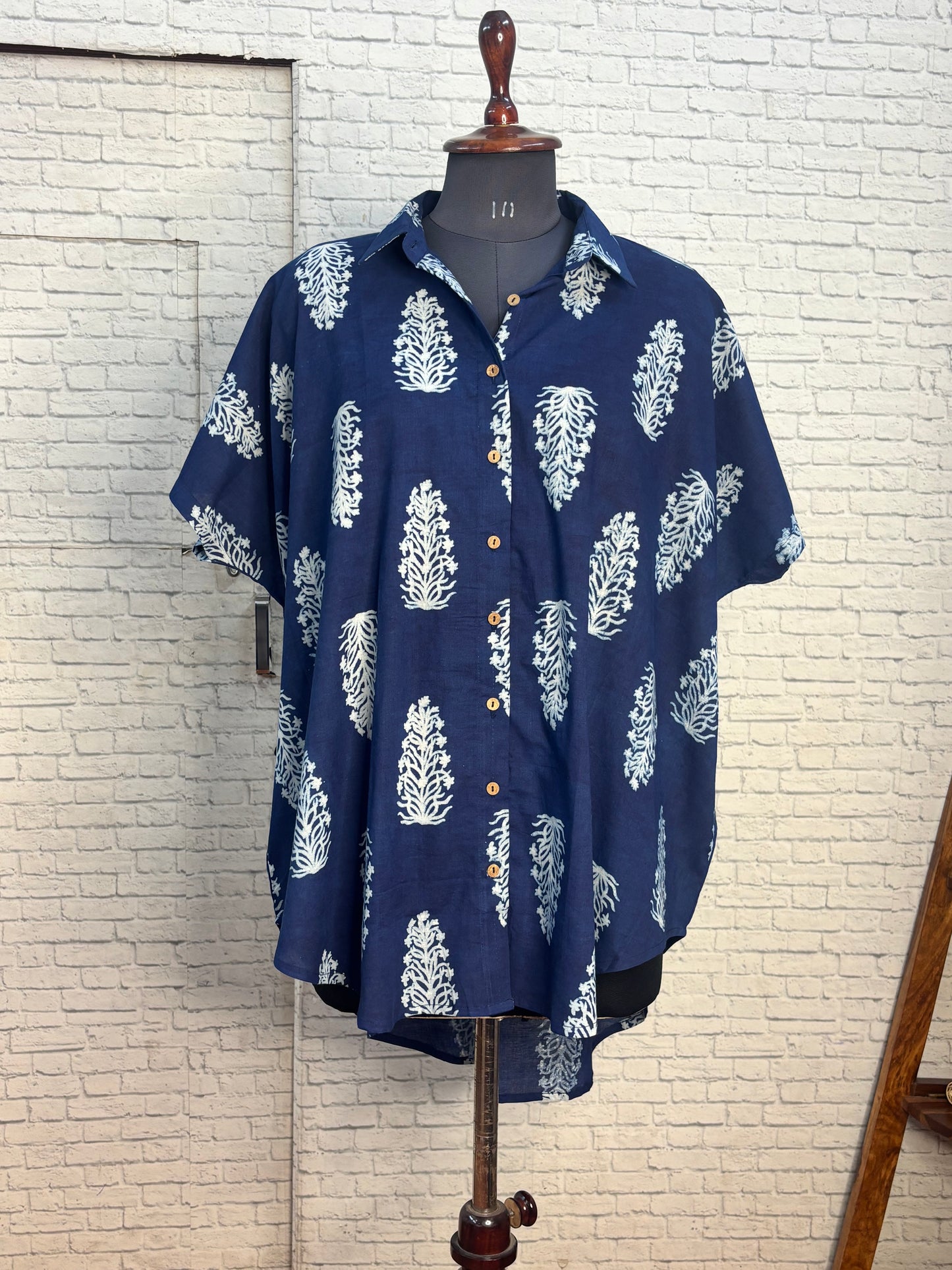 Indigo Botanical Cotton High Low Shirt Kaftan