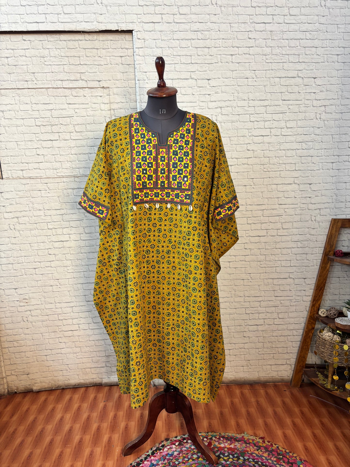 Yellow Green Ajrakh Hand Embroidered Patch Kaftan