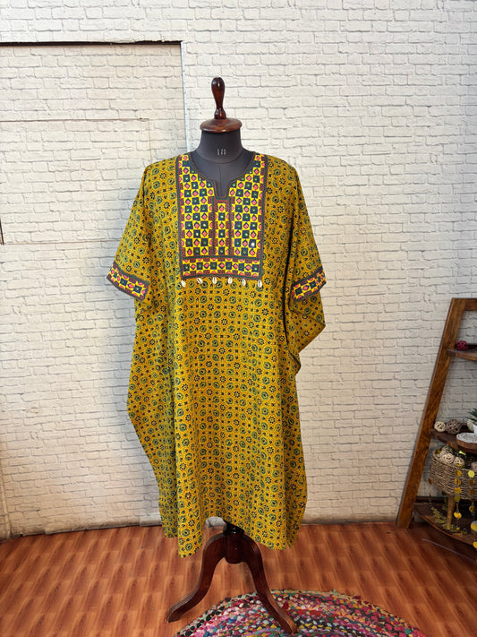 Yellow Green Ajrakh Hand Embroidered Patch Kaftan