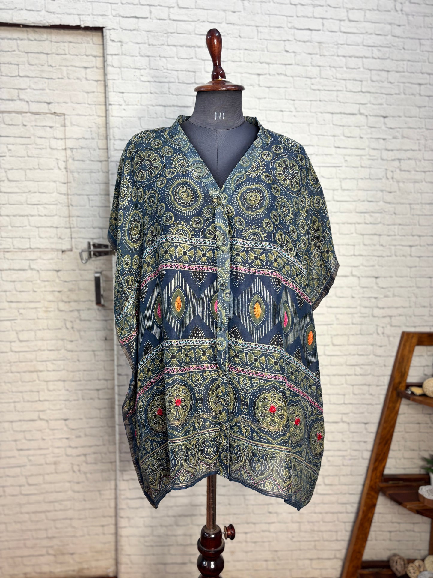 Indigo Green Ajrakh Chanderi Shirt Kaftan with Hand Embroidery