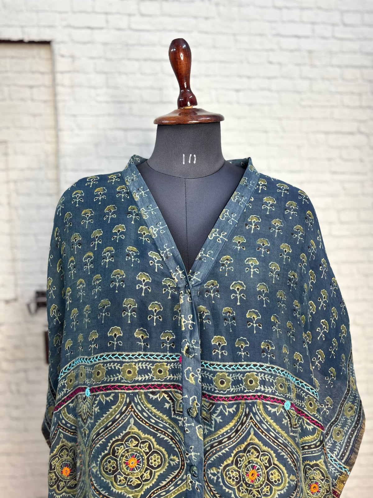 Indigo Green Ajrakh Chanderi Shirt Kaftan with Hand Embroidery