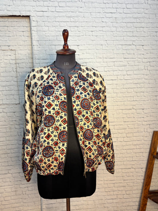 White Modal Silk Ajrakh Unisex Bomber Jacket