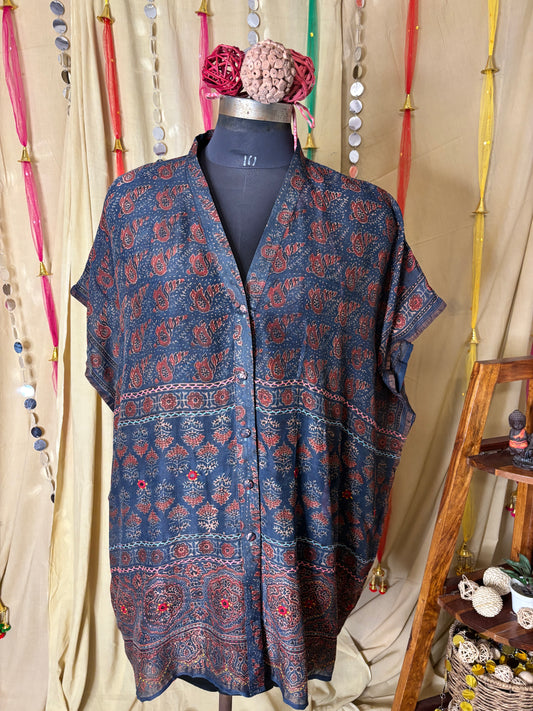 Indigo Red Ajrakh Chanderi Shirt Kaftan with Hand Embroidery