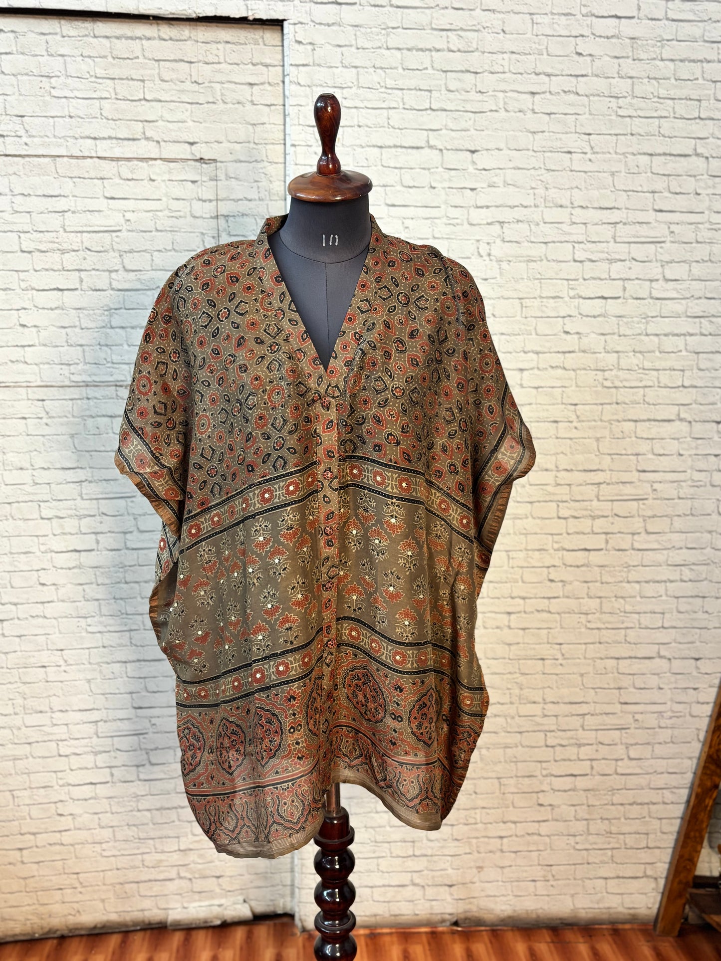 Brown Orange Ajrakh Chanderi Shirt Kaftan with Sequin Detailing