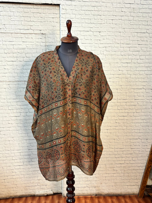 Brown Orange Ajrakh Chanderi Shirt Kaftan with Sequin Detailing