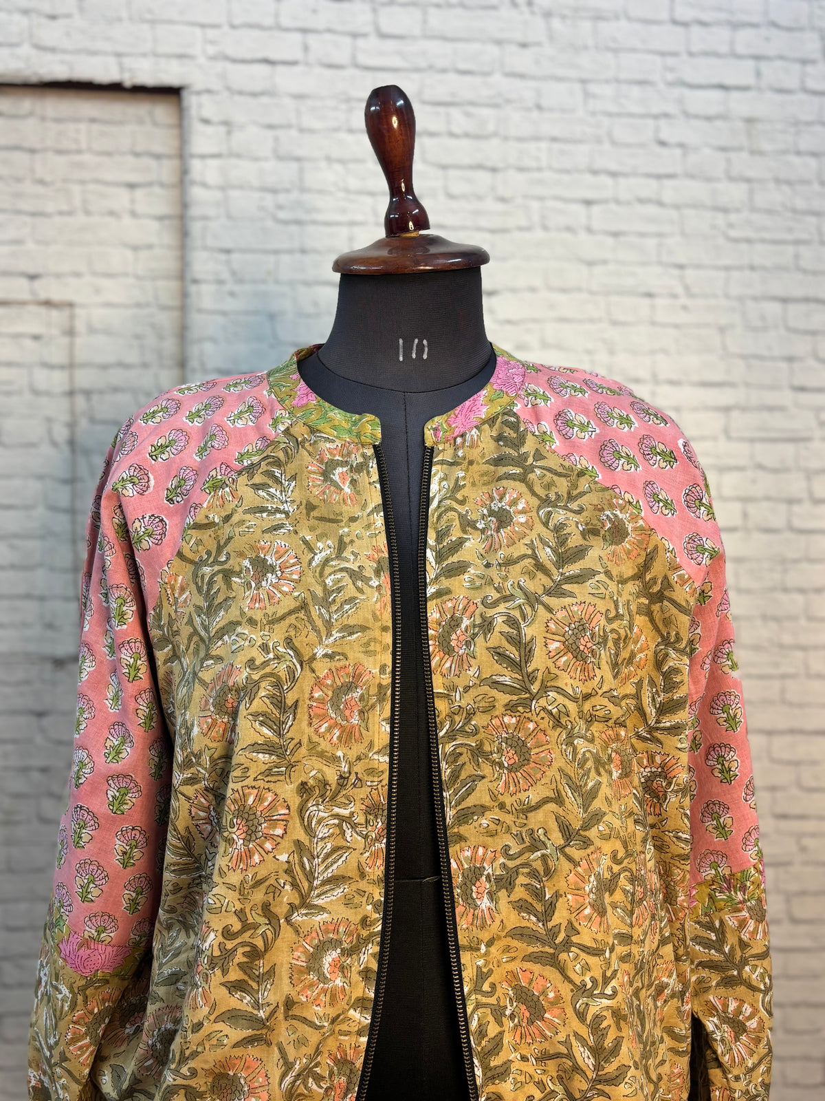 Brown Pink Hand Block Printed Unisex Bomber Jacket