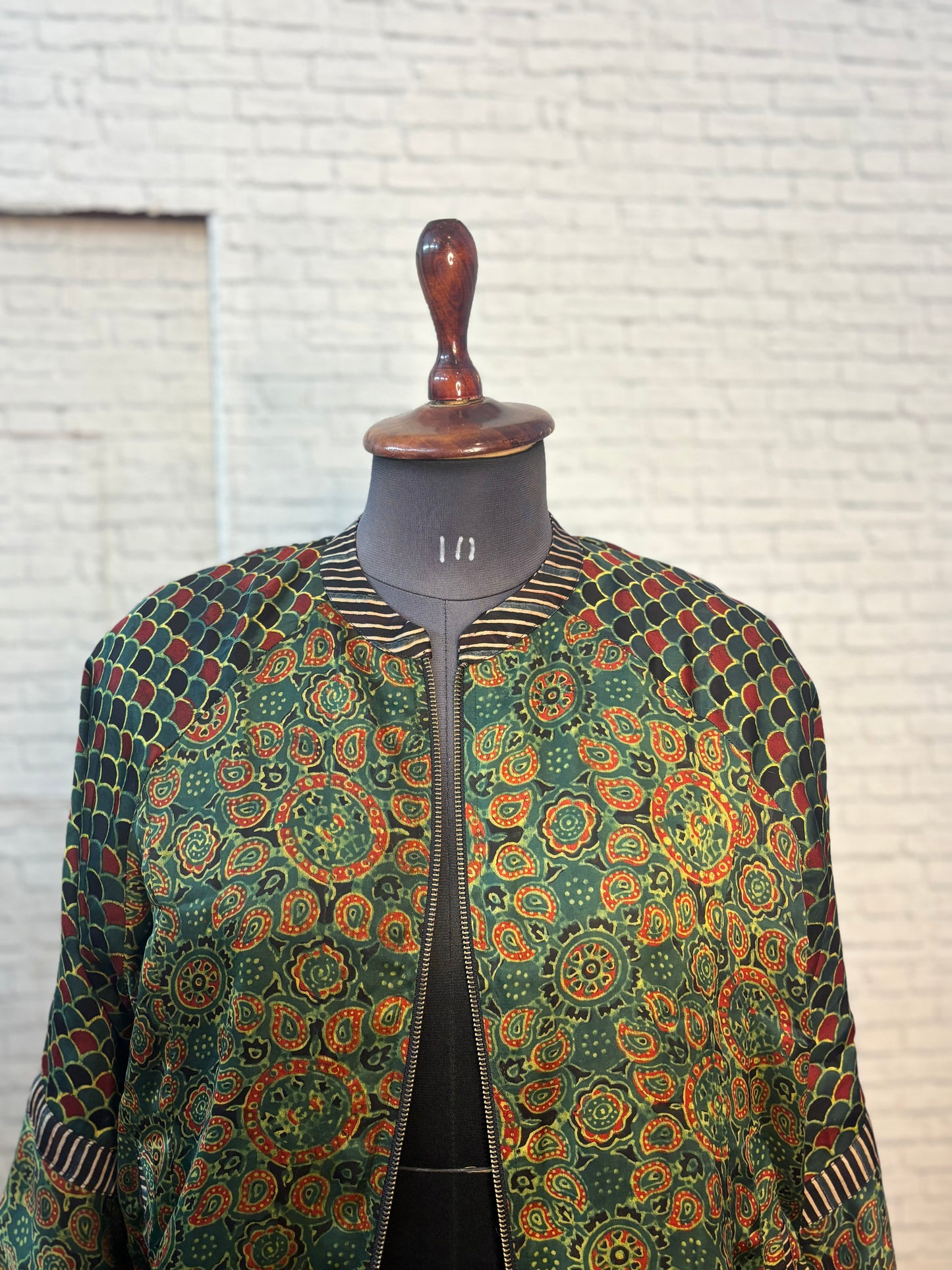Green Red Modal Silk Ajrakh Unisex Bomber Jacket