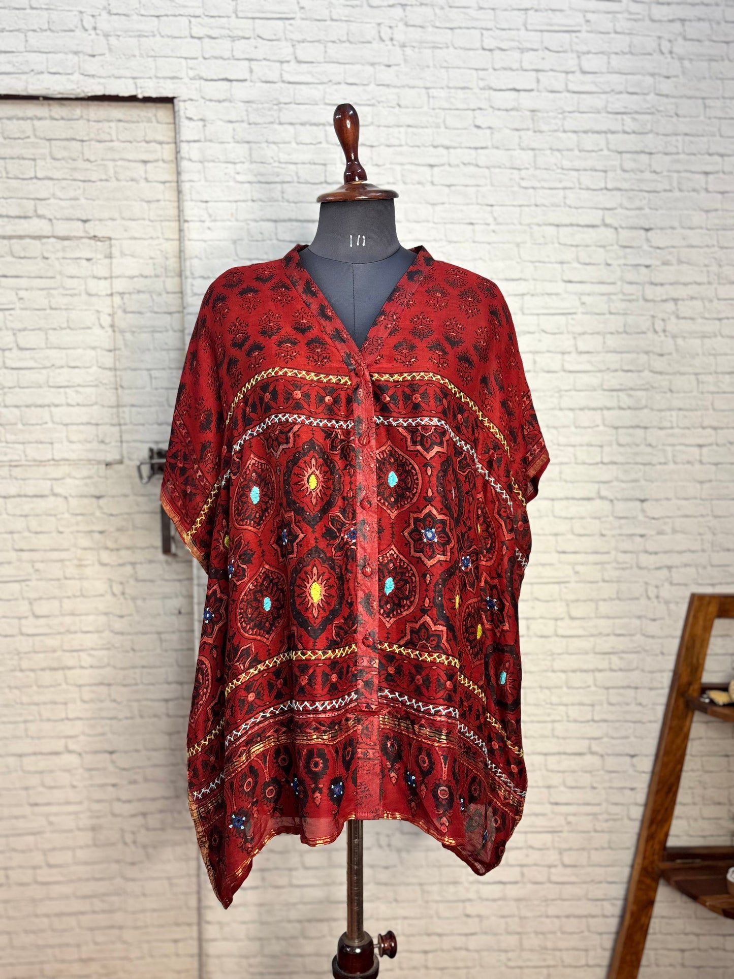 Red Ajrakh Chanderi Shirt Kaftan with Hand Embroidery