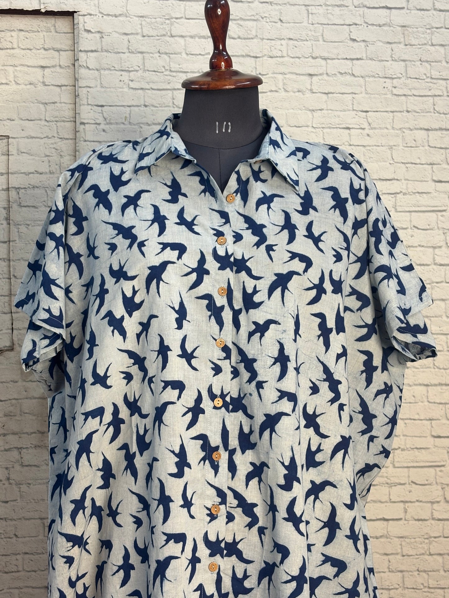 Indigo Birds Cotton High Low Shirt Kaftan