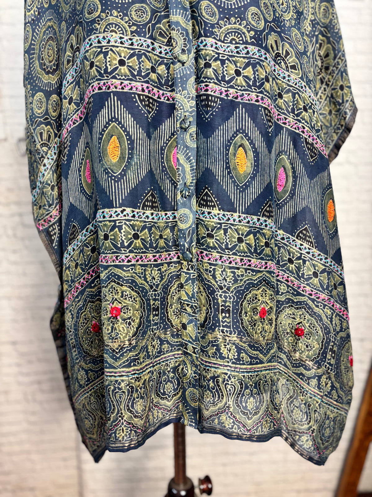 Indigo Green Ajrakh Chanderi Shirt Kaftan with Hand Embroidery