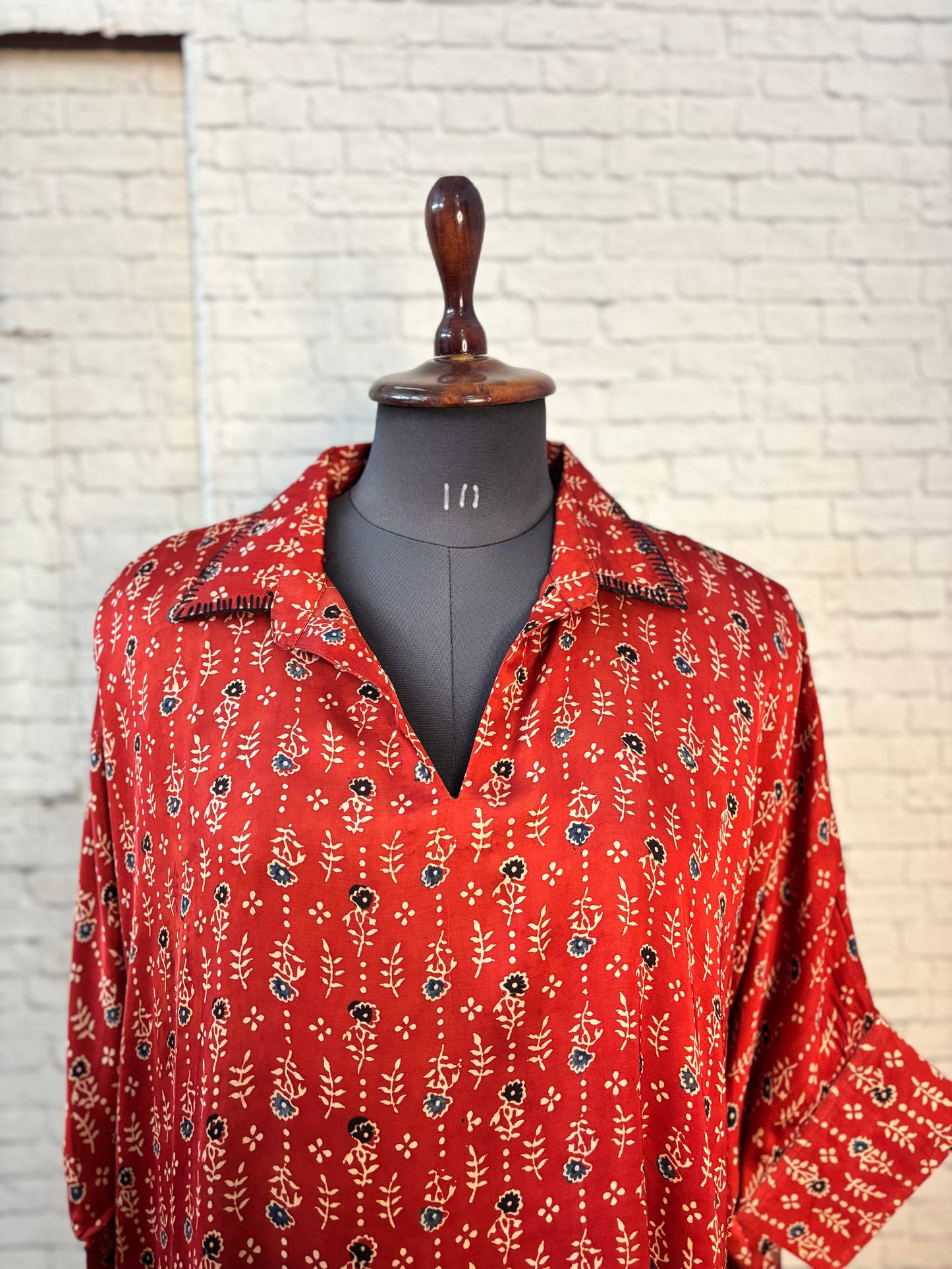 Red Flower Modal Silk Ajrakh Kaftan Top