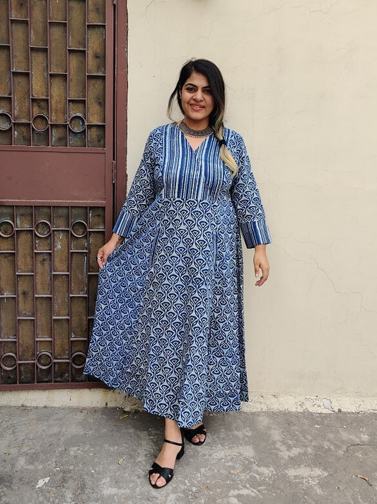 Fiza Hand Block Printed A Line Maxi Patch Dress
