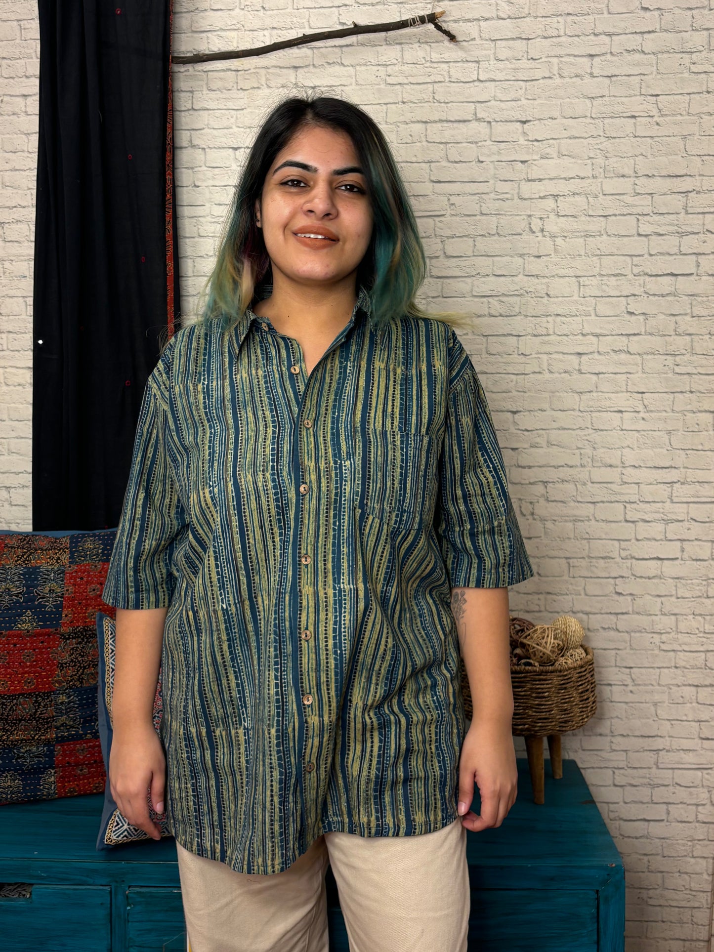 Indigo Green Lines Ajrakh Hand Block Printed Half Sleeves Unisex Shirt