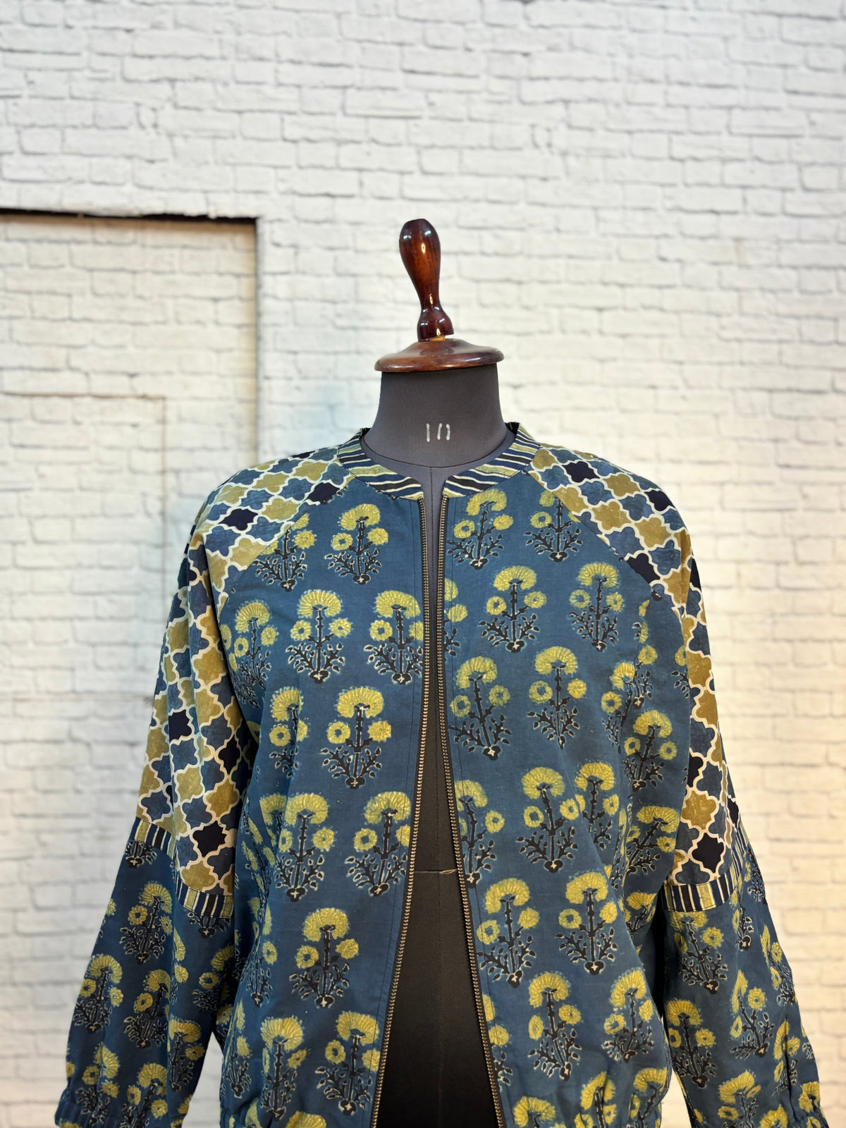 Indigo Green Ajrakh Hand Block Printed Unisex Bomber Jacket