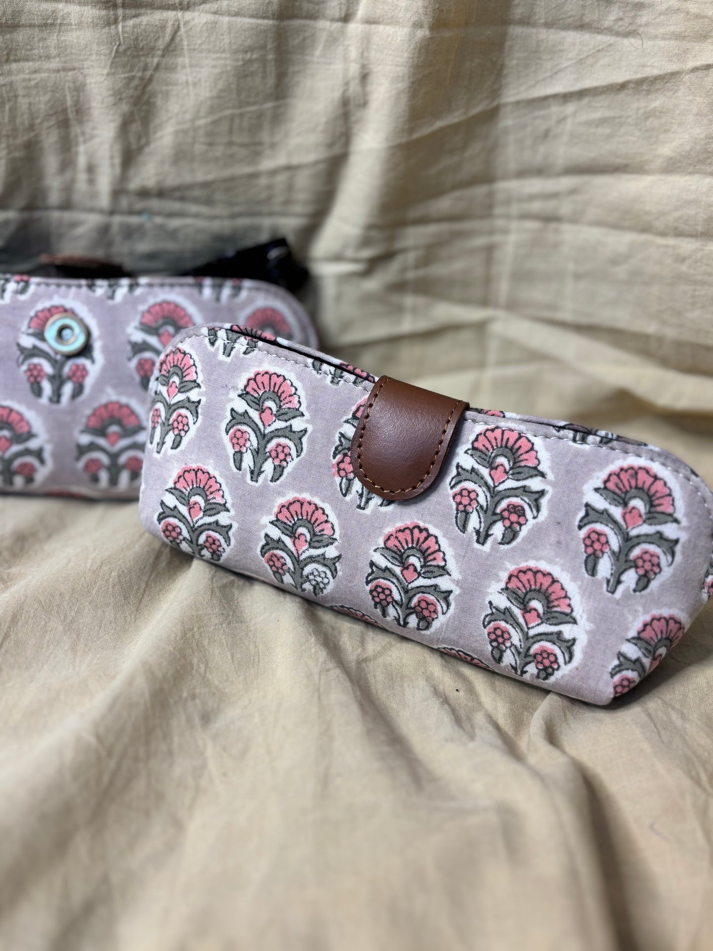 Brown Pink Hand Block Print Eyewear Case