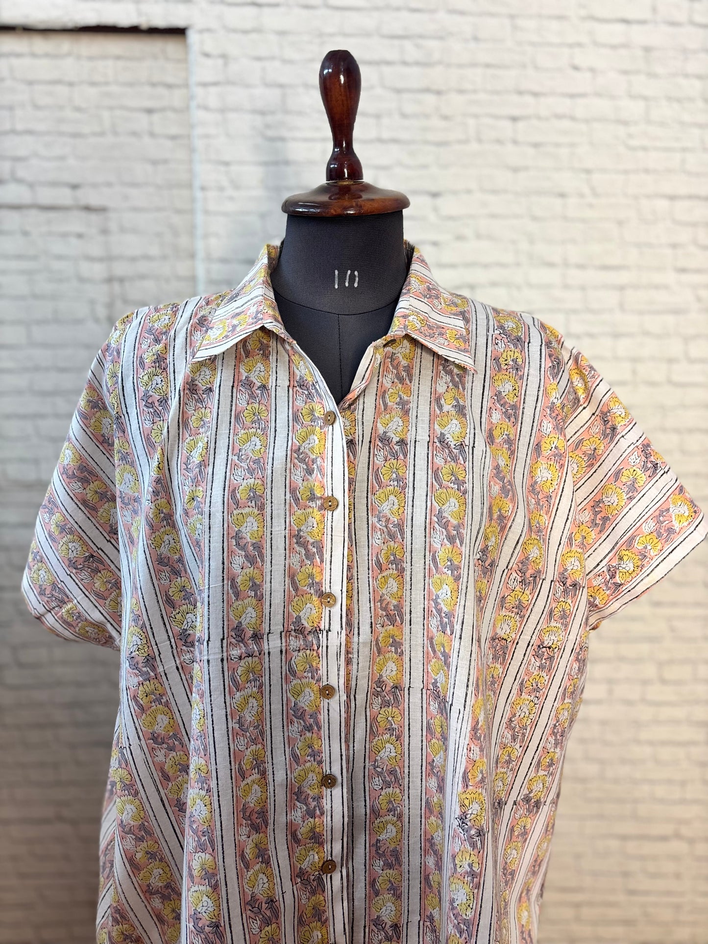 Blush Yellow Cotton Hand Block Printed High-Low Shirt Kaftan