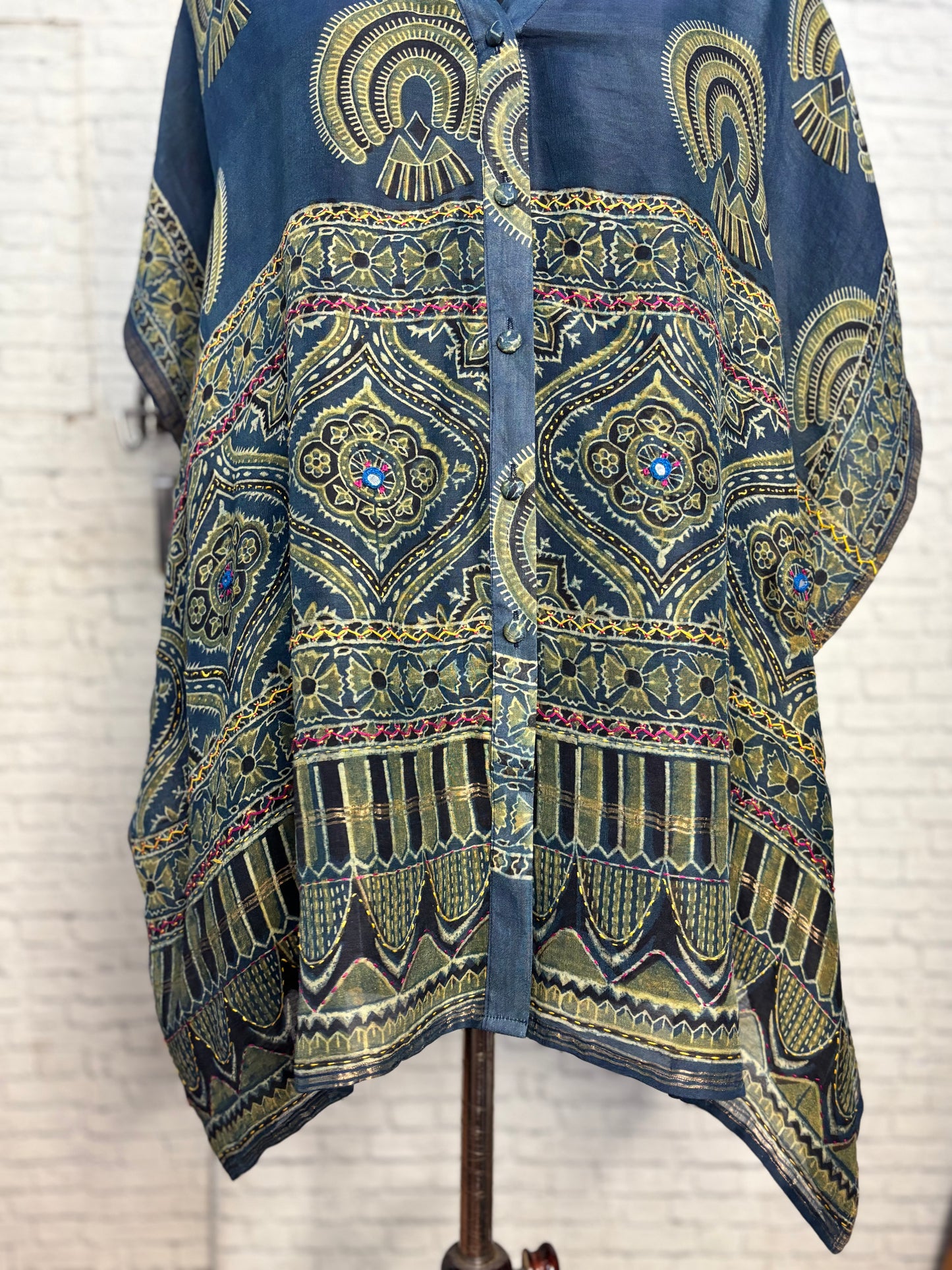 Indigo Green Ajrakh Chanderi Shirt Kaftan with Hand Embroidery