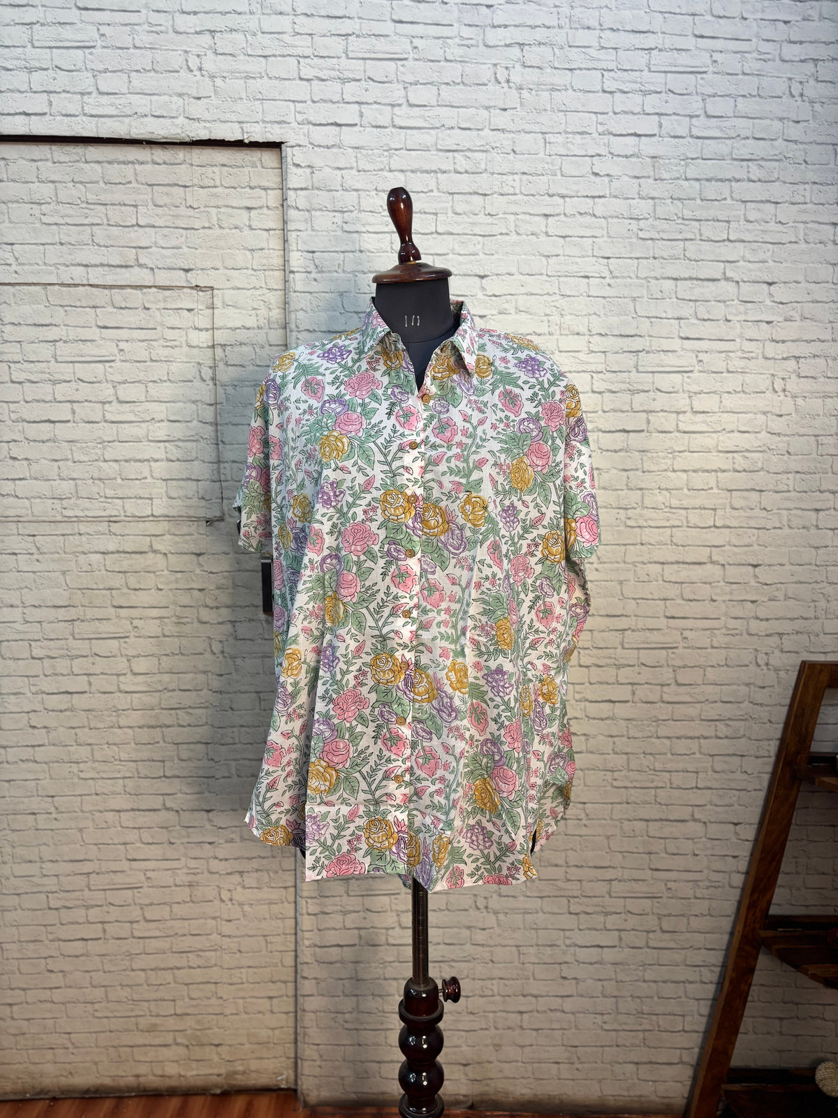 White Rose Hand Block Printed Cotton High Low Shirt Kaftan