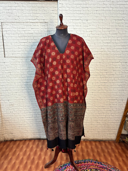 Red Black Ajrakh Long Kaftan with Gather and Tassels