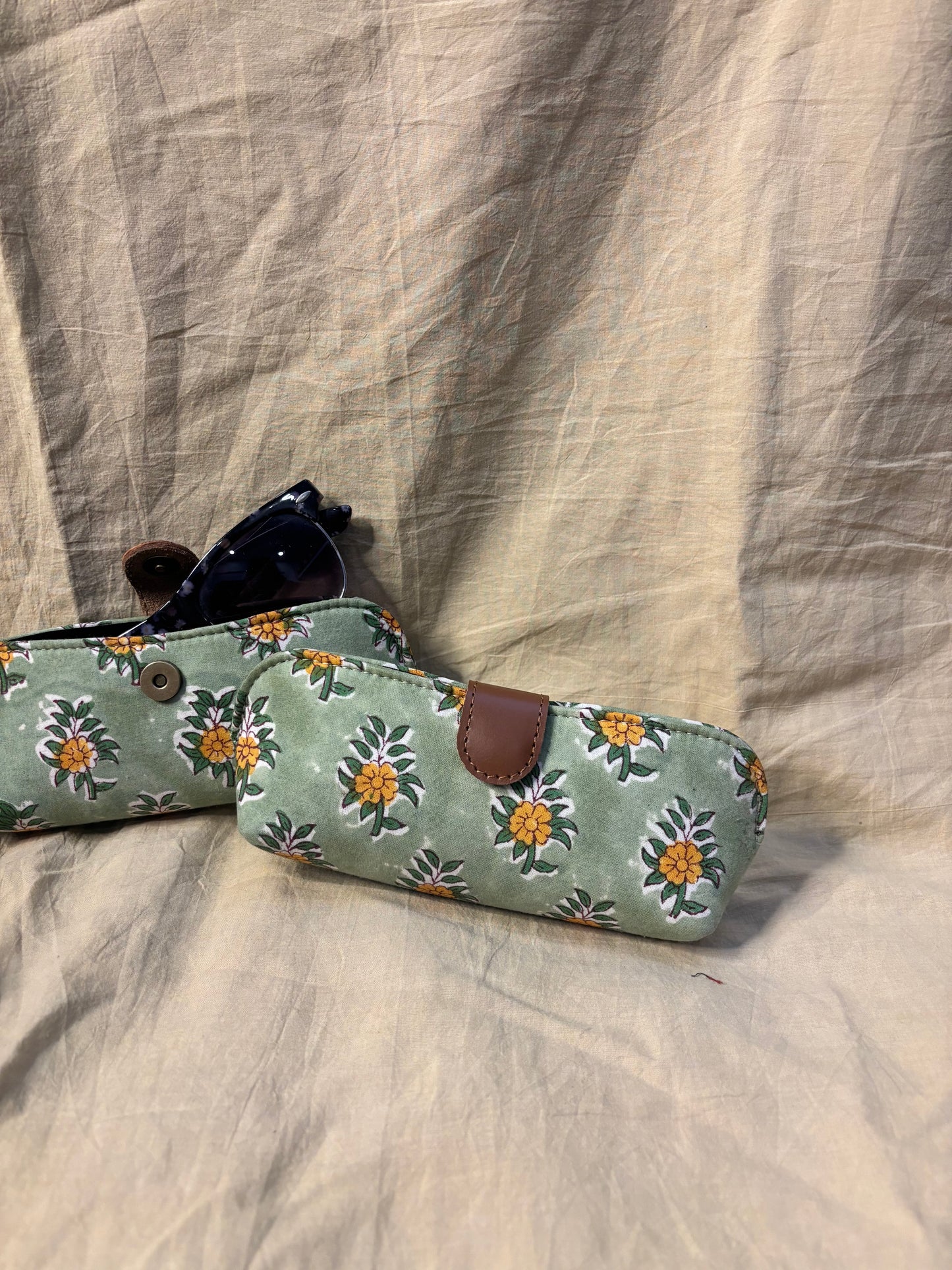 Green Yellow Floral Hand Block Print Eyewear Case
