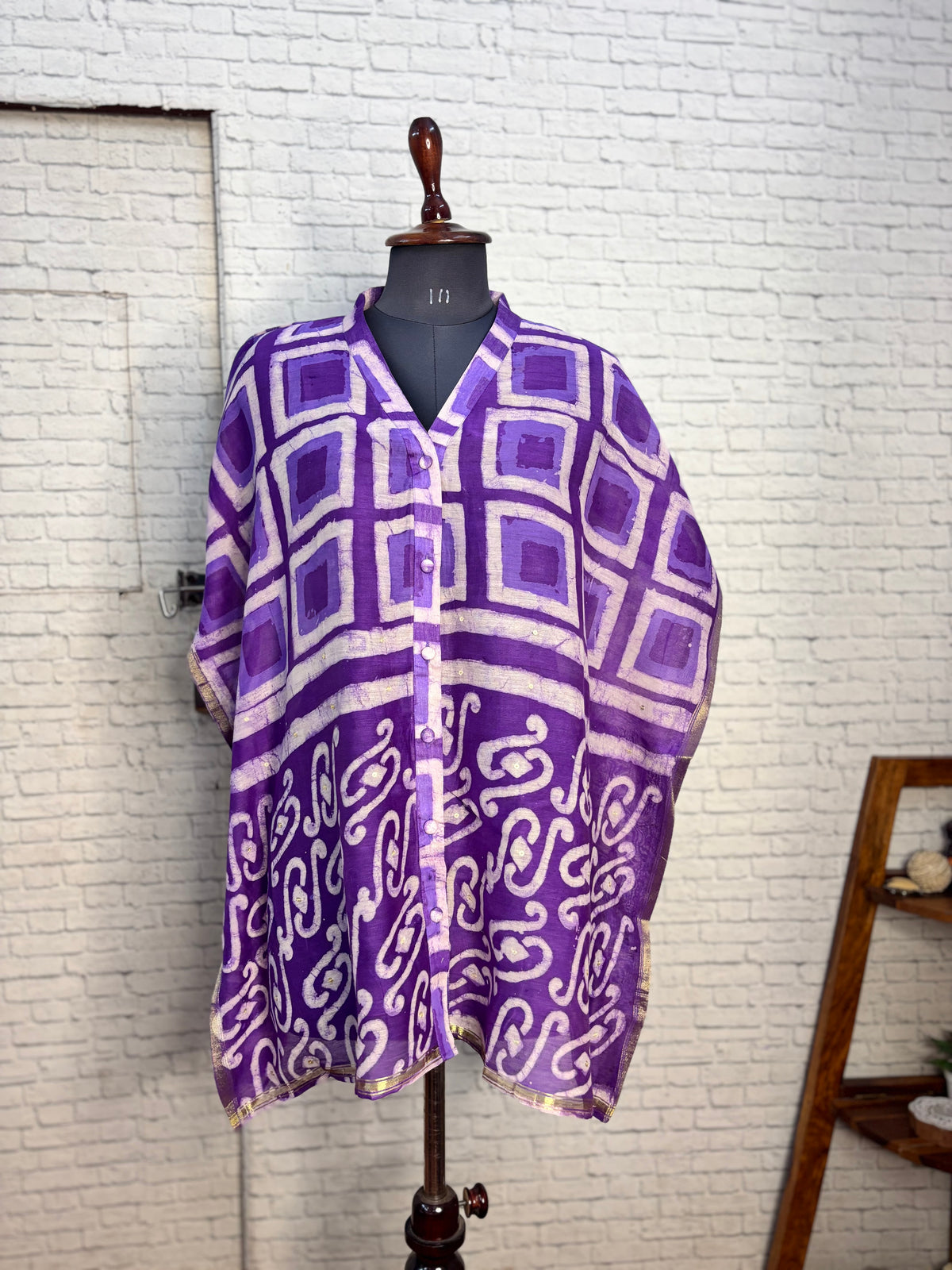 Purple Boxes Dabu Chanderi Shirt Kaftan with Sequin Detailing