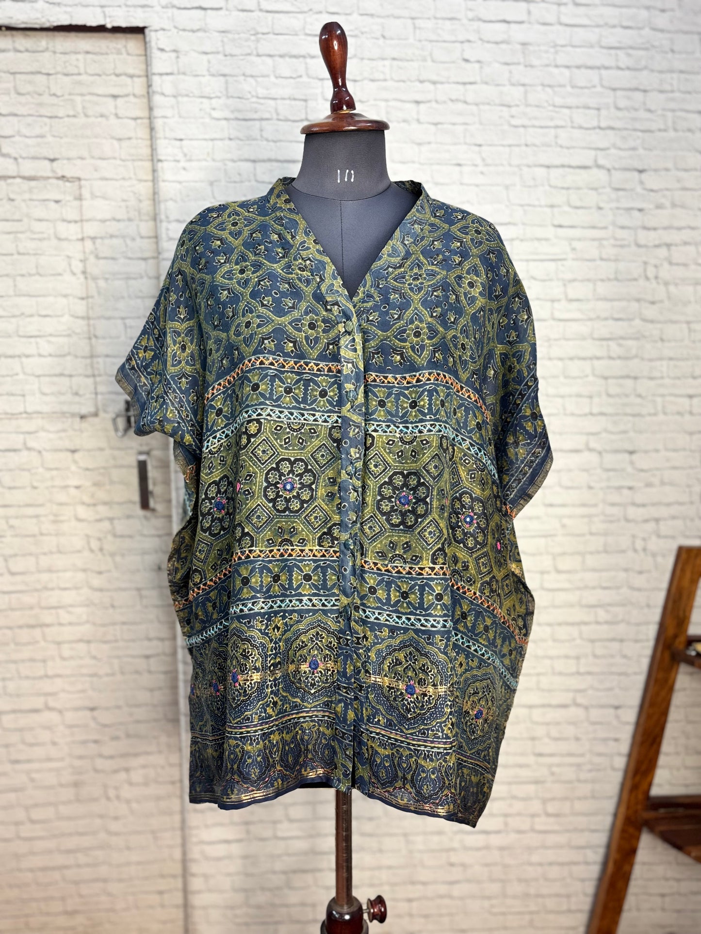 Indigo Green Ajrakh Chanderi Shirt Kaftan with Hand Embroidery