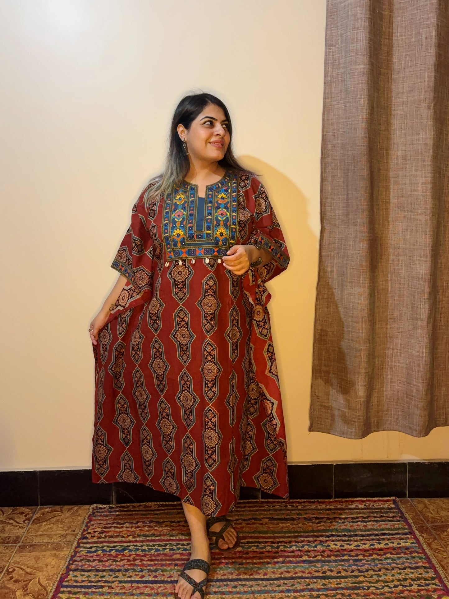 Red Ajrakh Hand Embroidered Patch Kaftan