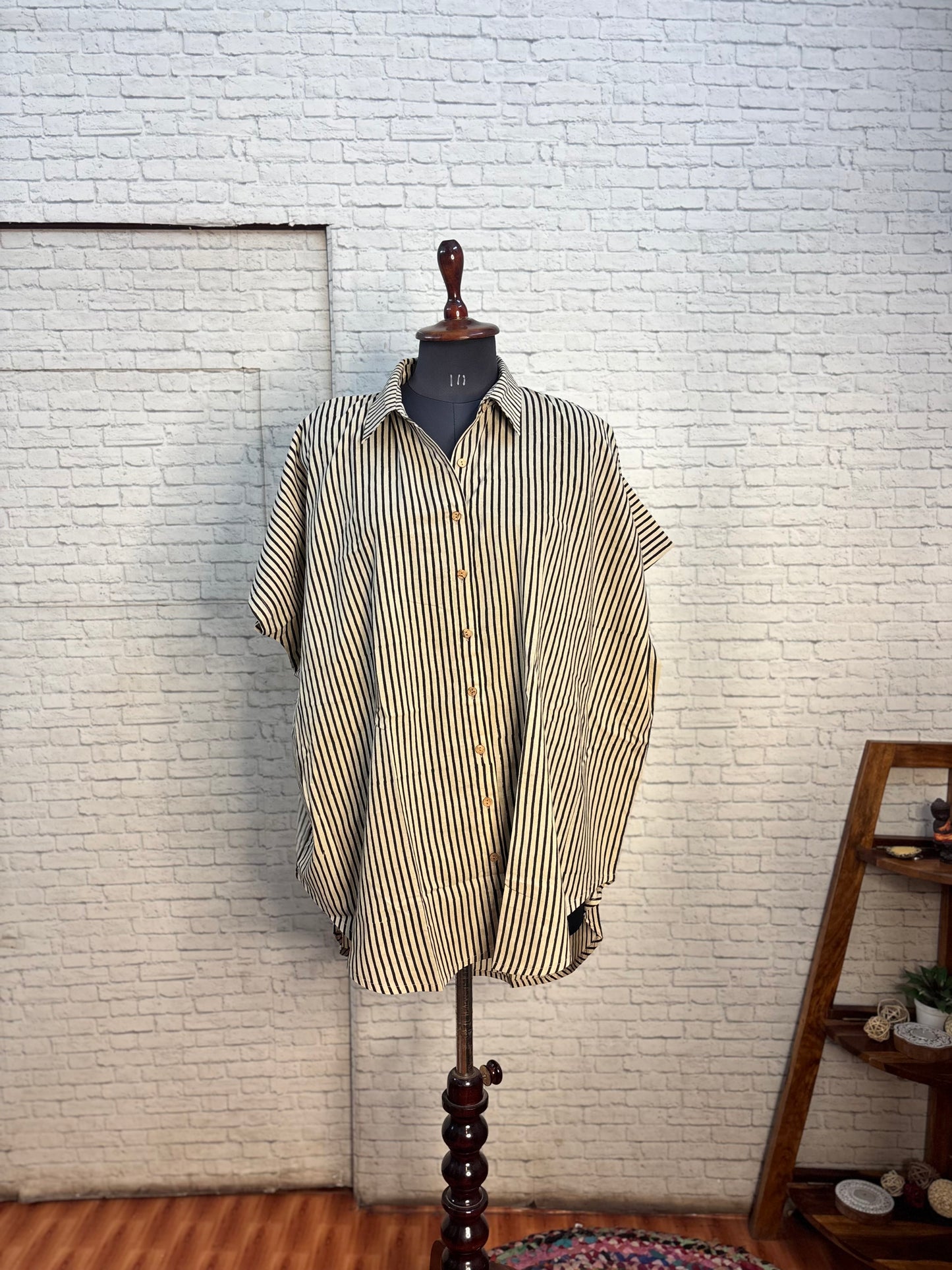 White Black Stripes Cotton High Low Shirt Kaftan