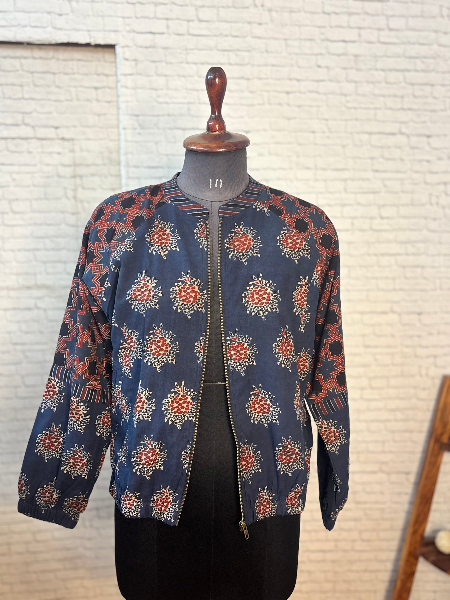 Indigo Ajrakh Hand Block Printed Unisex Bomber Jacket