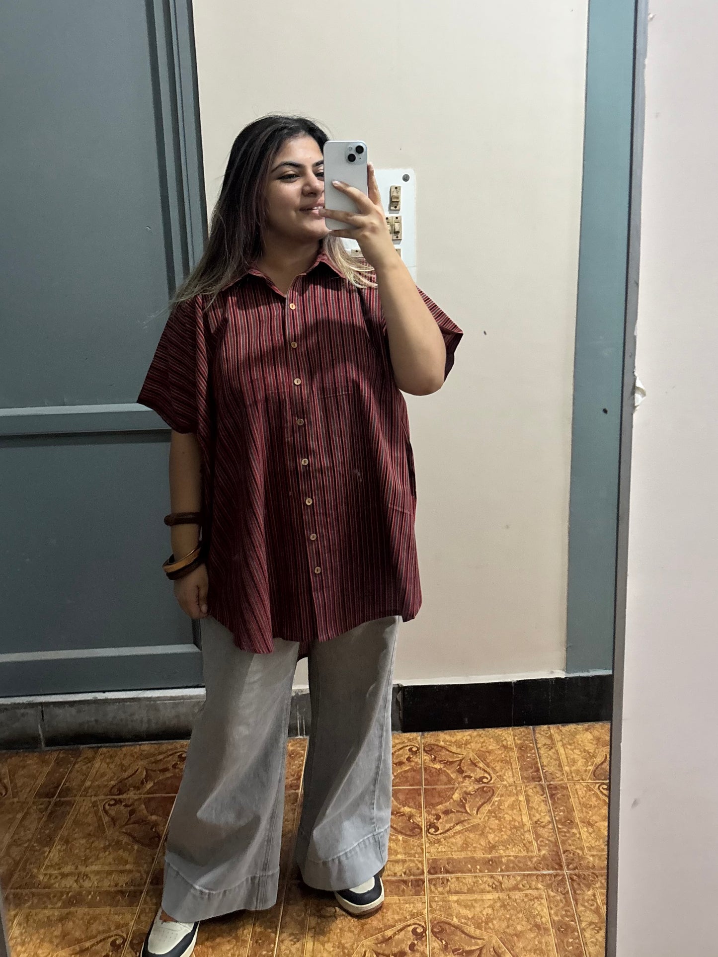 Red Ajrakh Stripes Cotton High Low Shirt Kaftan