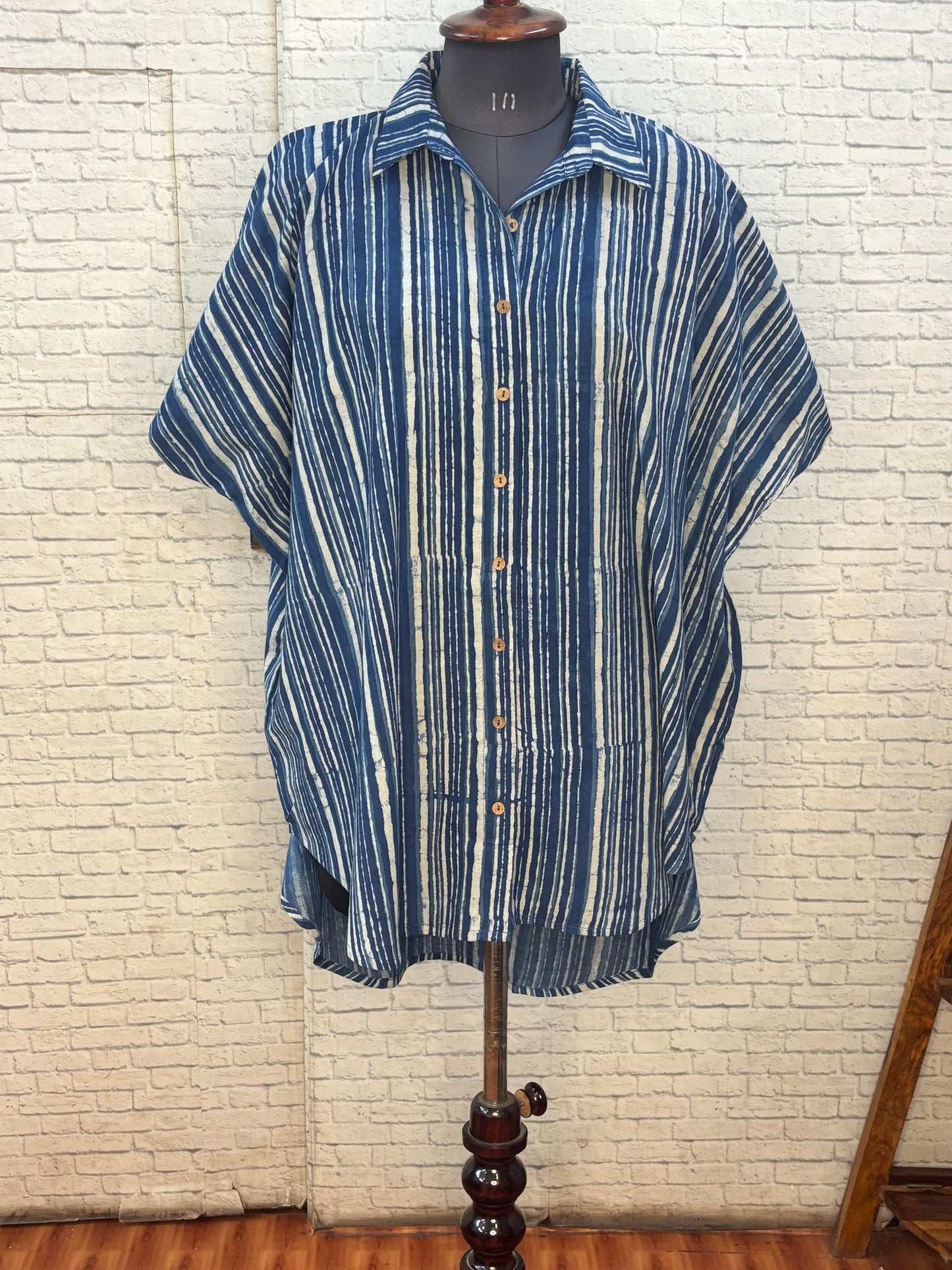 Indigo Stripes Dabu  Cotton High Low Shirt Kaftan