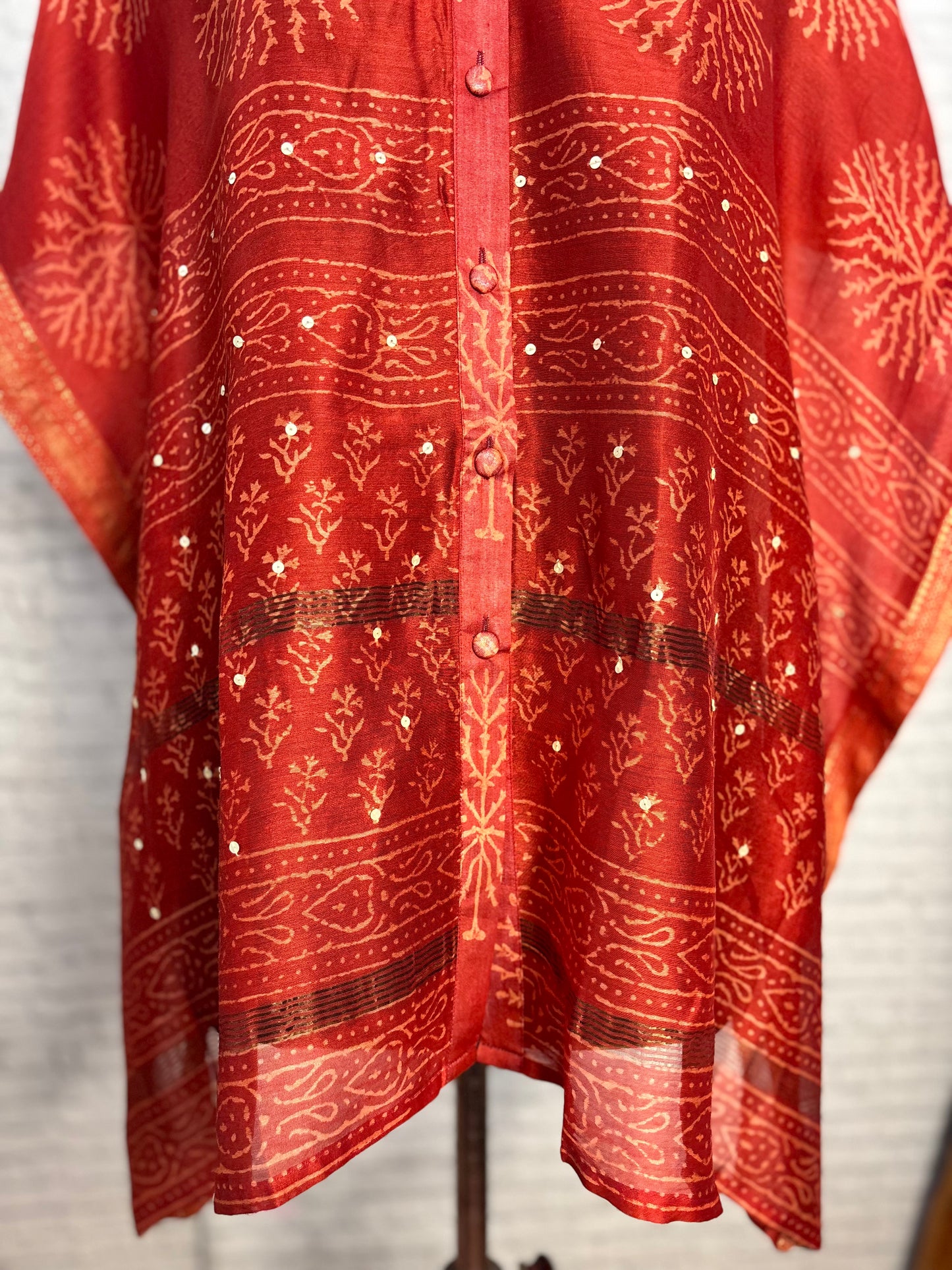 Red Dabu Chanderi Shirt Kaftan with Sequin Detailing