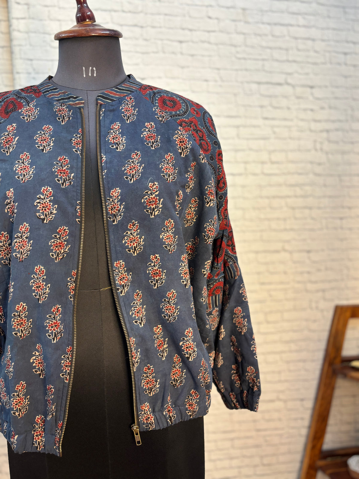 Indigo Red Ajrakh Hand Block Printed Unisex Bomber Jacket